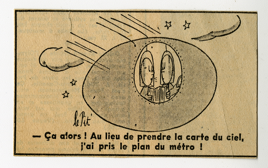 Dessin de presse signé Le Pit, un des pseudonymes de Pierre Barret, [1958]. Archives UdeM, P0468-D-5-D0017