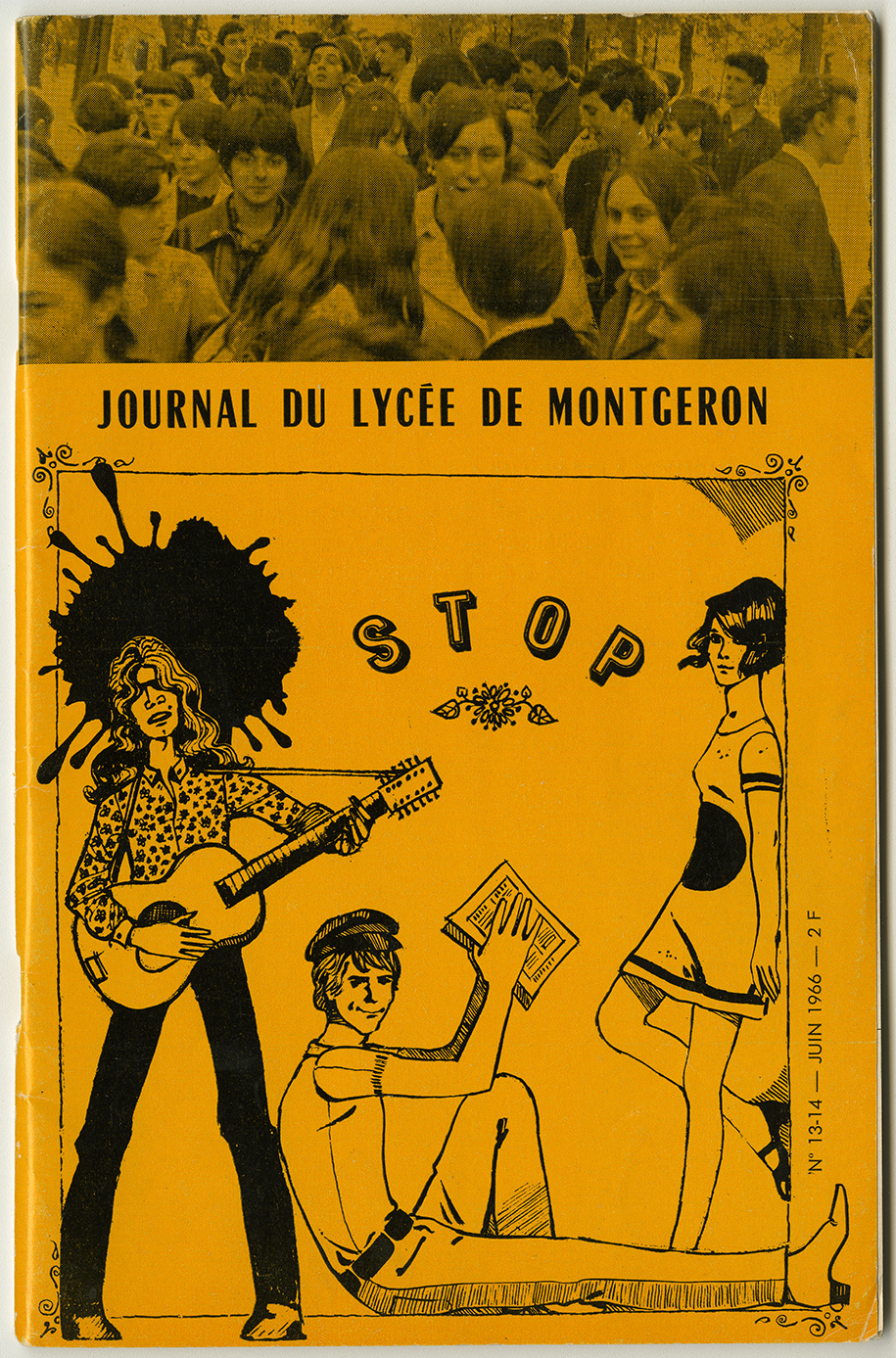 Page couverture de Stop (nos 13-14), la revue trimestrielle du lycée pilote de Montgeron. Pierre Barret était le directeur de ce journal et Gisèle Barret y publiait régulièrement des articles. Juin 1966. Archives UdeM, P0468-B-3-D0002