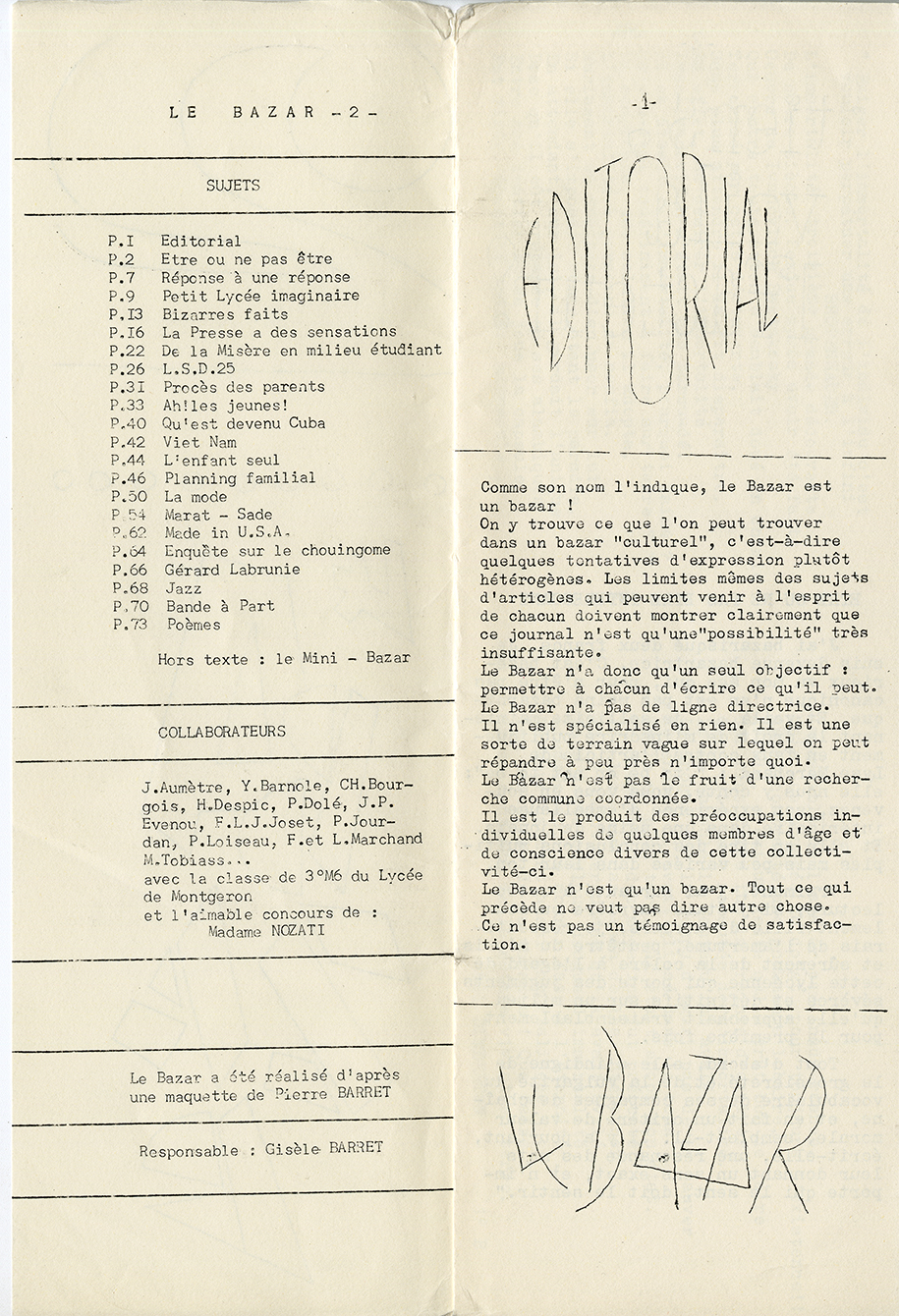 Le Bazar vol. 2. Table des matières. [entre 1964 et 1966]. Archives UdeM, P0419-D-D0002