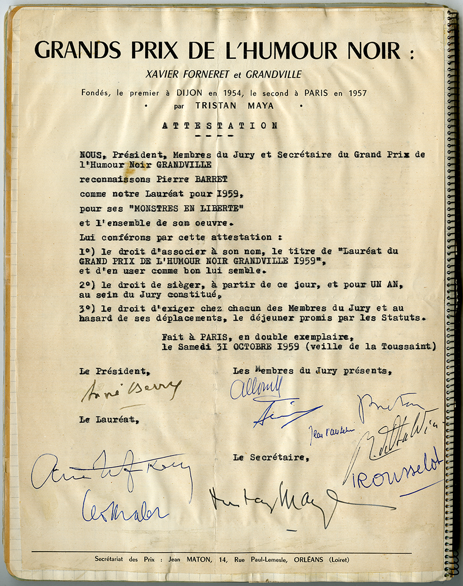 Attestation du Président et Secrétaire du Grand Prix de l’humour noir, qui reconnaît Pierre Barret comme lauréat du prix GRANDVILLE, 1959. Archives UdeM, P0468-D-5-D0016