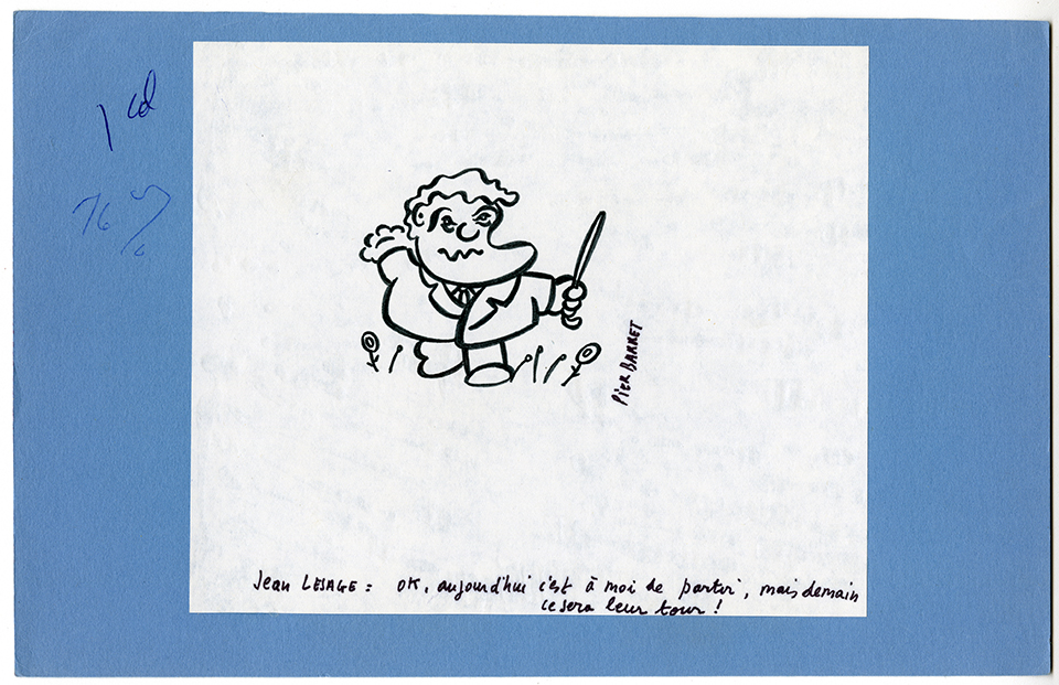 Caricature de Jean Lesage par Pierre Barret pour la revue Sept-Jours. Ce type de maquette était ensuite reproduite dans la publication, 1970. Archives UdeM, P0468-D-5-D0012-P0014