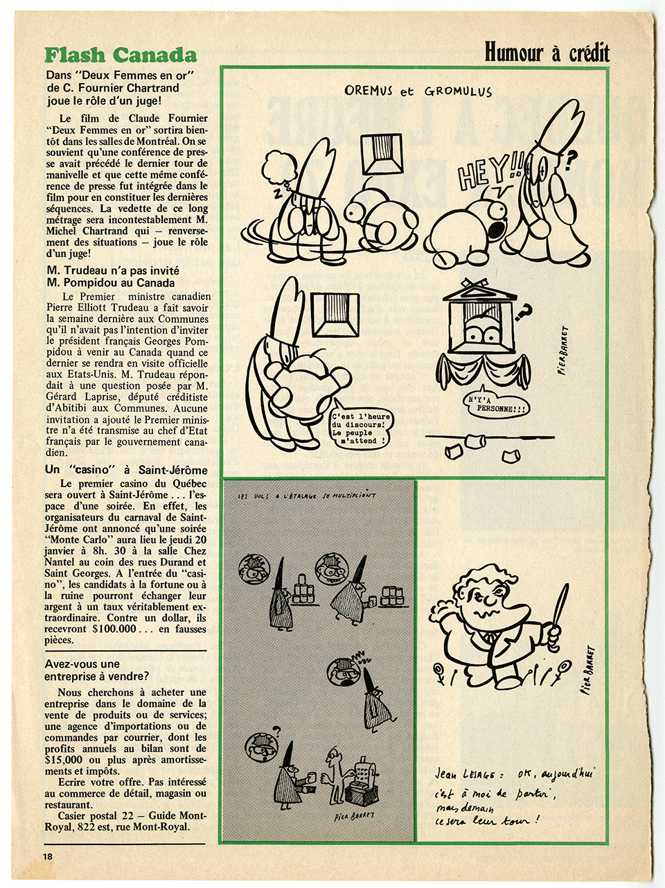 Page de la revue Sept-Jours. La caricature de Jean Lesage par Pierre Barret (en bas, à droite) est intégrée au montage, 1970. Archives UdeM, P0468-D-5-D0012-P0011