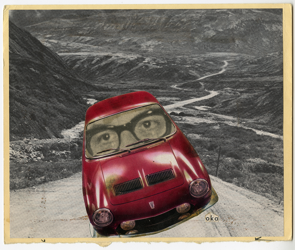 Photomontage signé Jonathan Oka (pseudonyme de Pierre Barret) pour la revue La Semaine. On y voit un Jean Drapeau conduisant sur une route hasardeuse, [ca 1969]. Archives UdeM, P0468-D-5-D0007-P0018