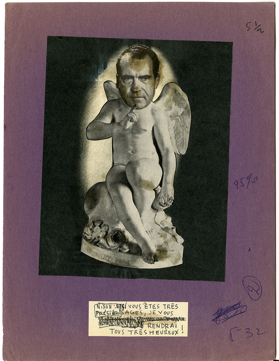 Photomontage humoristique montrant Richard Nixon et signé Jonathan Oka (pseudonyme de Pierre Barret) pour la revue La Semaine. 1968. Archives UdeM, P0468-D-5-D0007-P0042