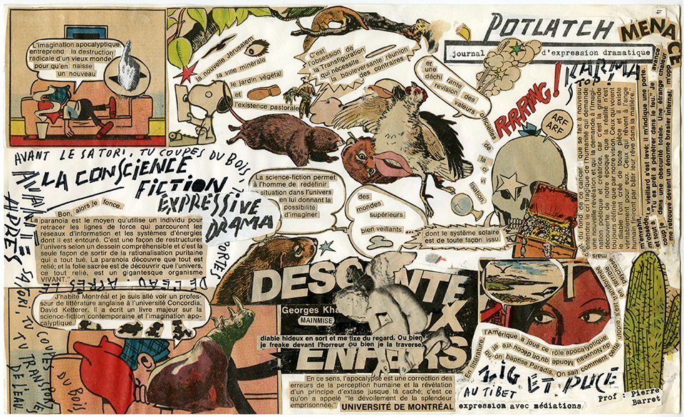 Collage fait par Pierre Barret pour le Potlatcht, journal du Congrès d'expression dramatique, [ca 1975]. Archives UdeM, P0468-G-D0002-P0001