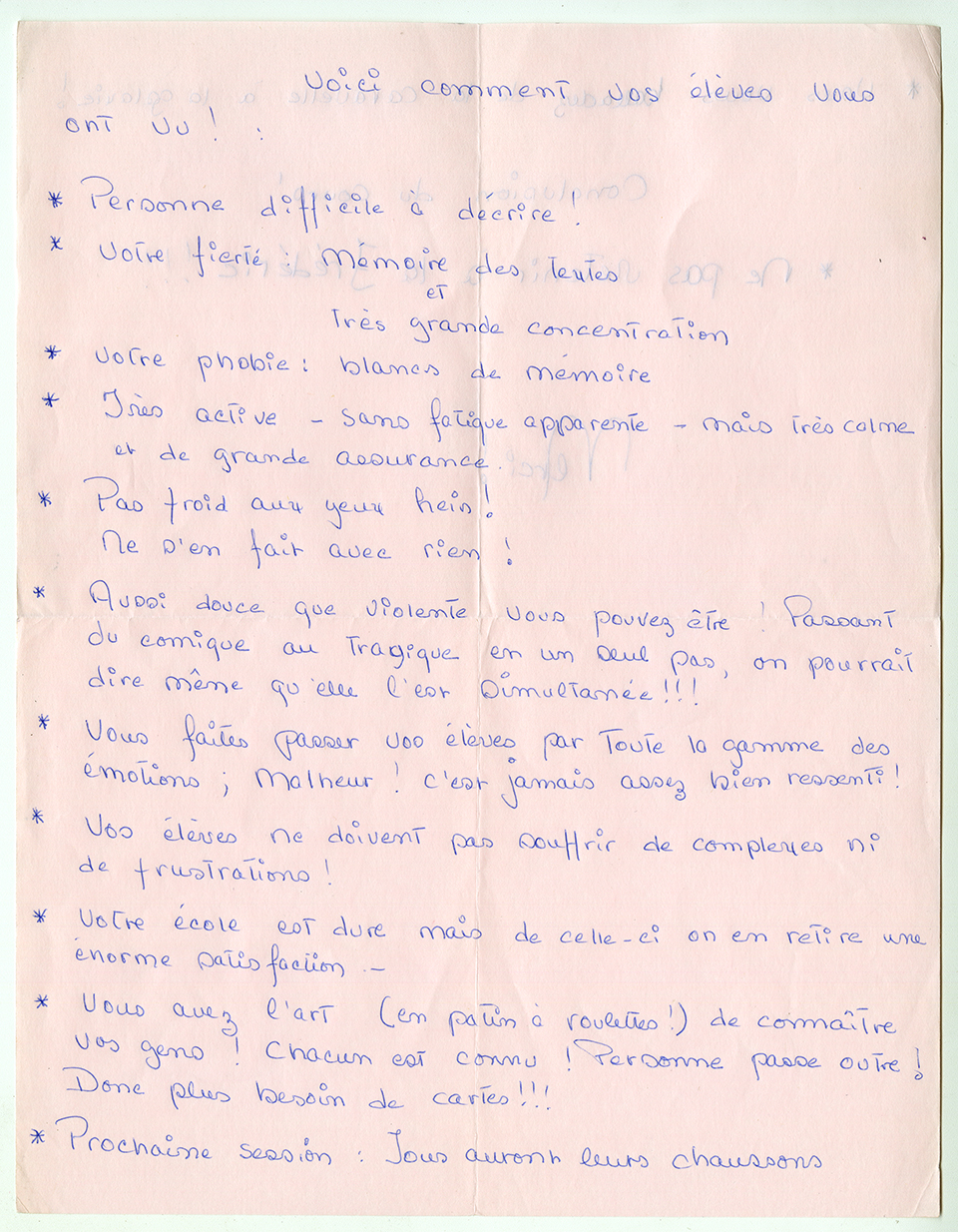Lettre à Gisèle Barret : « Voici comment vos élèves vous ont vu ! »(sic), [197-]. Archives UdeM, P0419-C-2-D0004