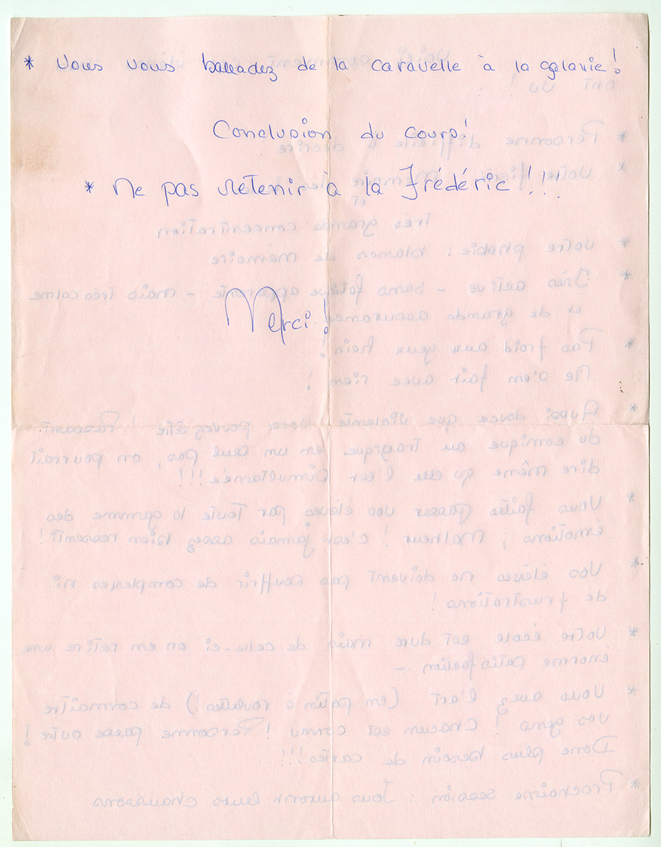 Lettre à Gisèle Barret : « Voici comment vos élèves vous ont vu ! »(sic), [197-]. Archives UdeM, P0419-C-2-D0004