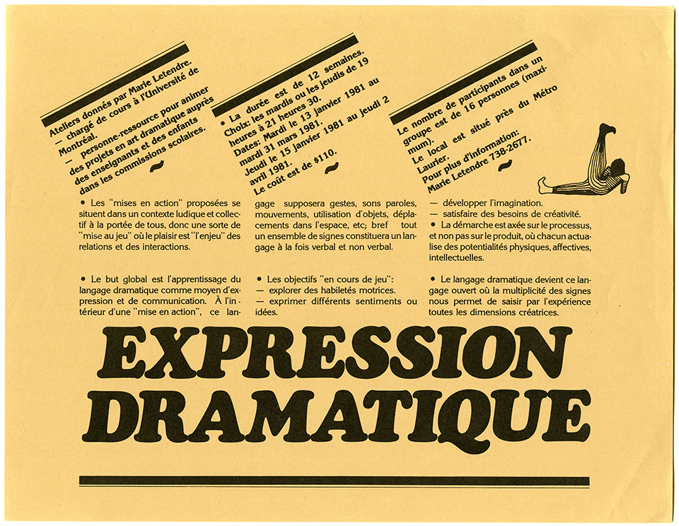 Affiche pour un atelier d’expression dramatique donné par Marie Letendre, chargée de cours à l’Université de Montréal, 1981. Archives UdeM, P0419-E-4-D0020