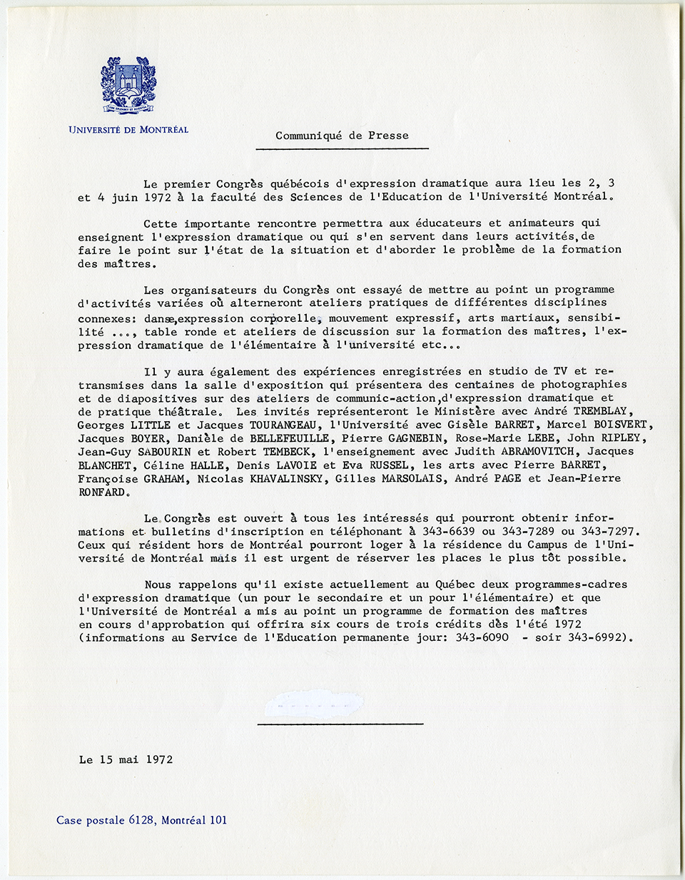 Communiqué de presse annonçant le premier congrès d’expression dramatique, 15 mai 1972. Archives UdeM, P0419-K-3-D0006