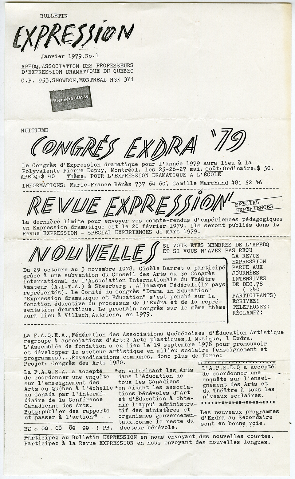 Bulletin EXPRESSION, janvier 1979. Archives UdeM, P0419-K-3-D0002