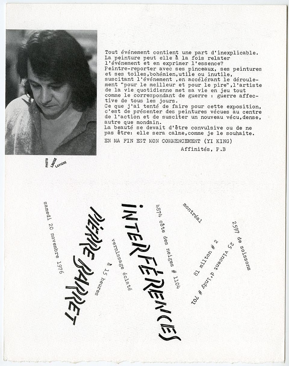 Carton d’invitation pour le vernissage « éclaté » de l’exposition Interférences, novembre 1976. Archives UdeM, P0468-D-3-D0005