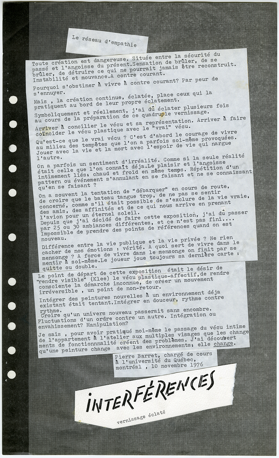Texte de l’exposition Interférences, 10 novembre 1976. Archives UdeM, P0468-G-D0002