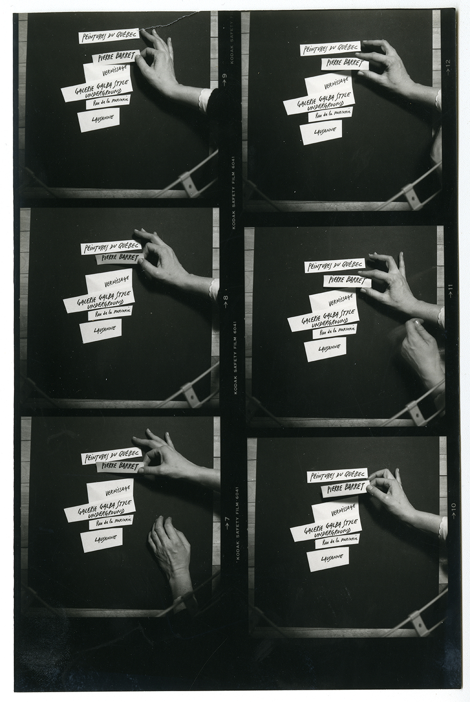 Six versions du carton d’invitation pour l’exposition Peintures du Québec, à la galerie Galba Style Underground (Lausanne), juin 1980. Archives UdeM, P0468-D-3-D0014