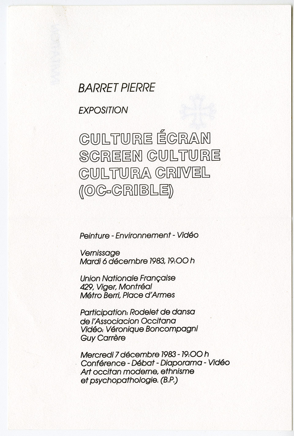 Carton d’invitation pour l’exposition Culture écran, à l’Union Nationale Française, décembre 1983. Archives UdeM, P0468-D-3-D0006-P0001