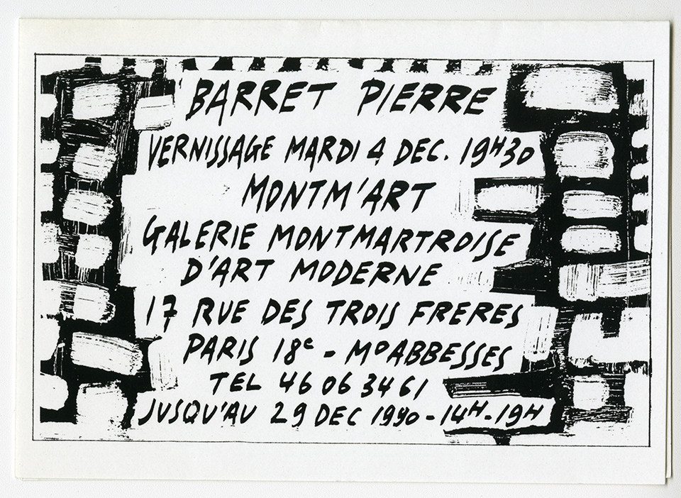 Carton d’invitation pour l’exposition « Pierre Barret » à la galerie Montm’art, galerie montmartroise d’art moderne, décembre 1990. Archives UdeM, P0468-D-3-D0016