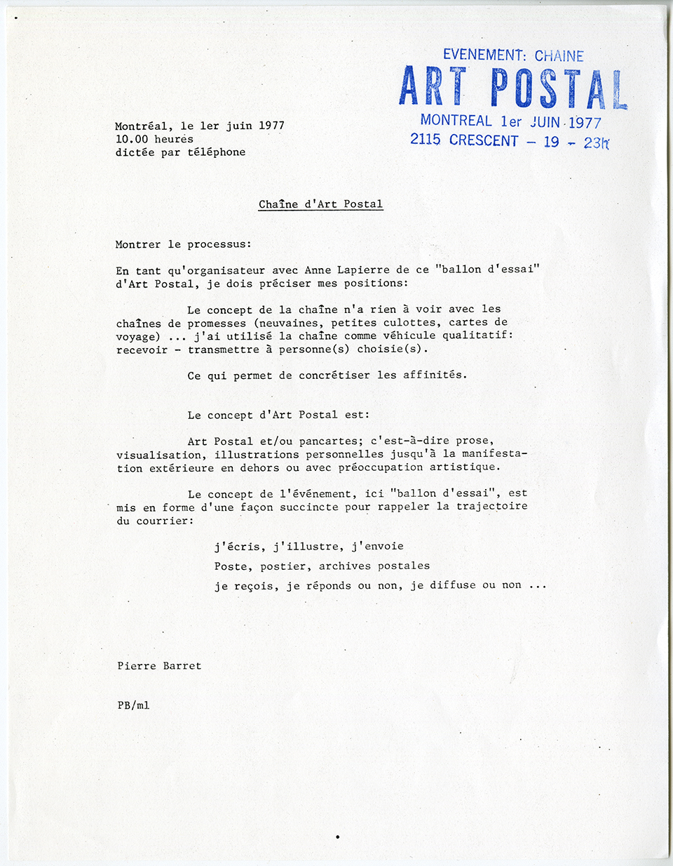 Chaîne d’Art Postal, 1er juin 1977. Archives UdeM, P0468-D-4-D0001