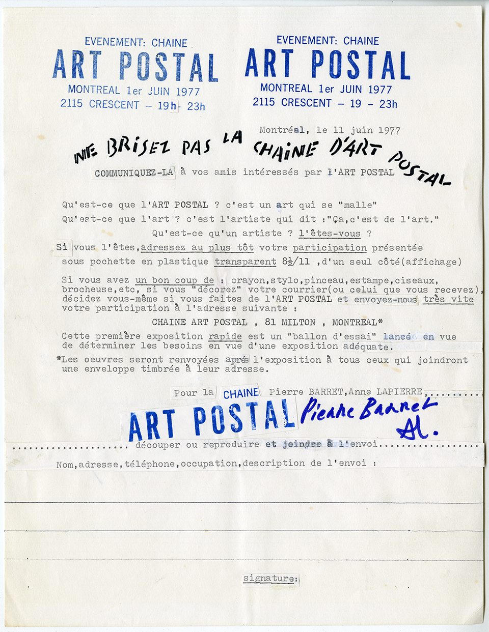 Communiqué sur le projet Art Postal, 11 juin 1977. Archives UdeM, P0468-D-4-D0001
