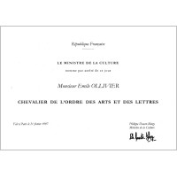 Image de Certificat faisant état du titre de Chevalier de l’Ordre des arts et des lettres de France, 21 février 1997