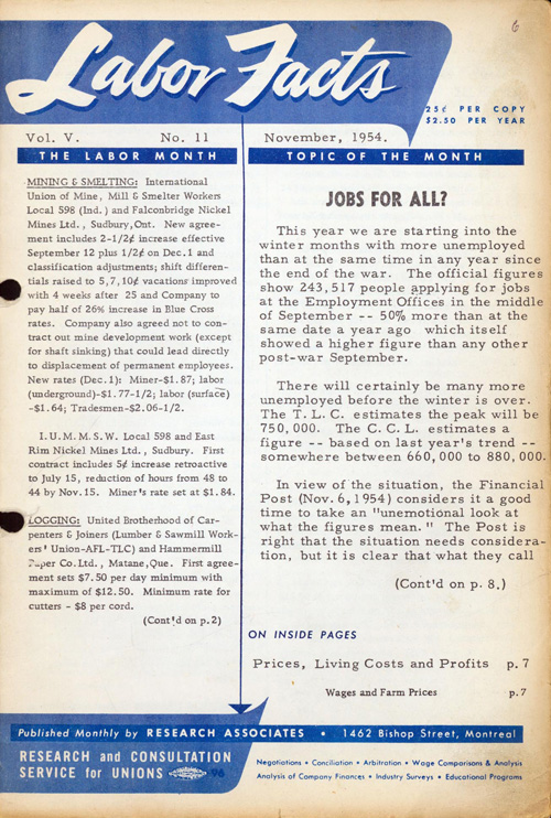 Une de Labor Facts de novembre 1954