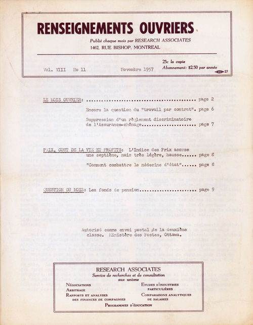 Une de Renseignements Ouvriers de novembre 1957