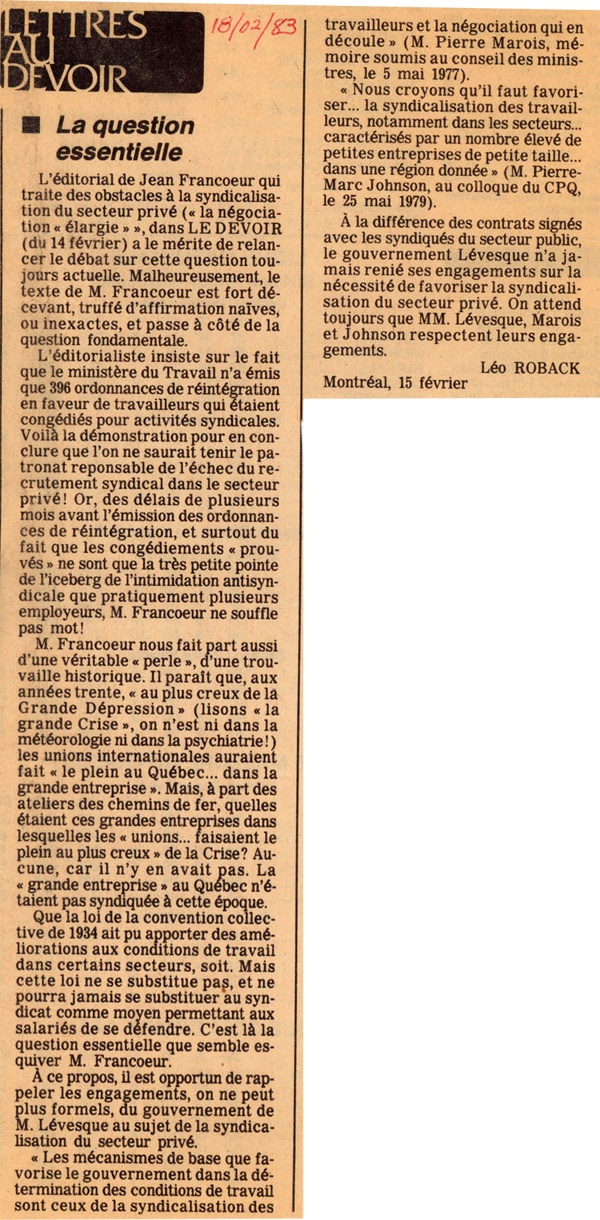 La question essentielle de Léo Roback, article publié le 18 février
1983 dans le journal Le Devoir.