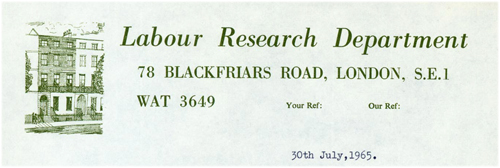 Lettre du 30 juillet 1965 rédigée par le Labour Research Department