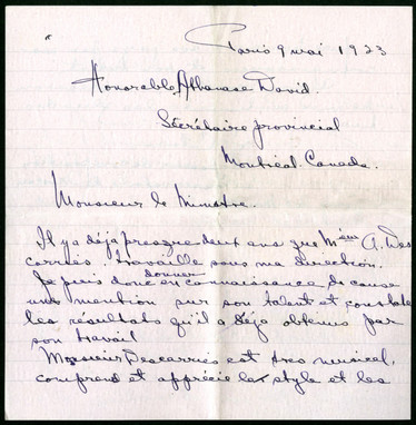 Image de la première page d'une lettre de recommandation des compositeurs russes Léon Conus et Georges Catoire au ministre Athanase David