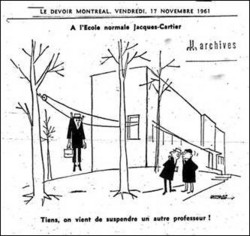 Caricatureparue dans le journal Le Devoir le 17 novembre 1961 en lien avecL’affaire Guérin. Source : Fonds André Lefebvre (P0023).