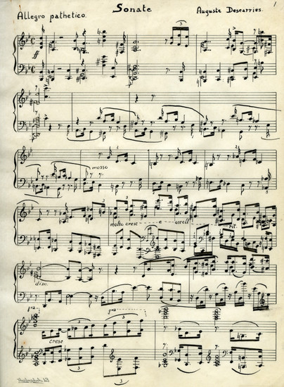 Première page de la partition de la Sonate pour piano en sol mineur, copie professionnelle