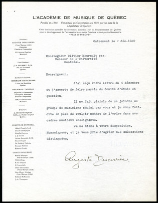 Lettre d'Auguste Descarries au recteur Olivier Maurault, au sujet de sa participation au comité d’étude sur l’enseignement de la musique