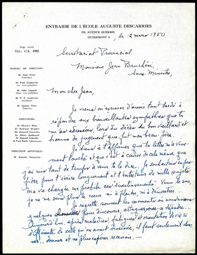 Lettre d'Auguste Descarries à Jean Bruchési