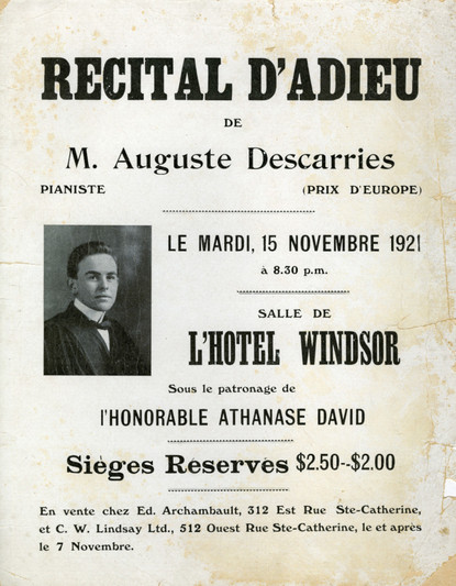 Image de l'affiche d'un récital présenté à la salle de l'Hôtel Windsor le 15 novembre 1921, peu avant le départ d'Auguste Descarries pour la France